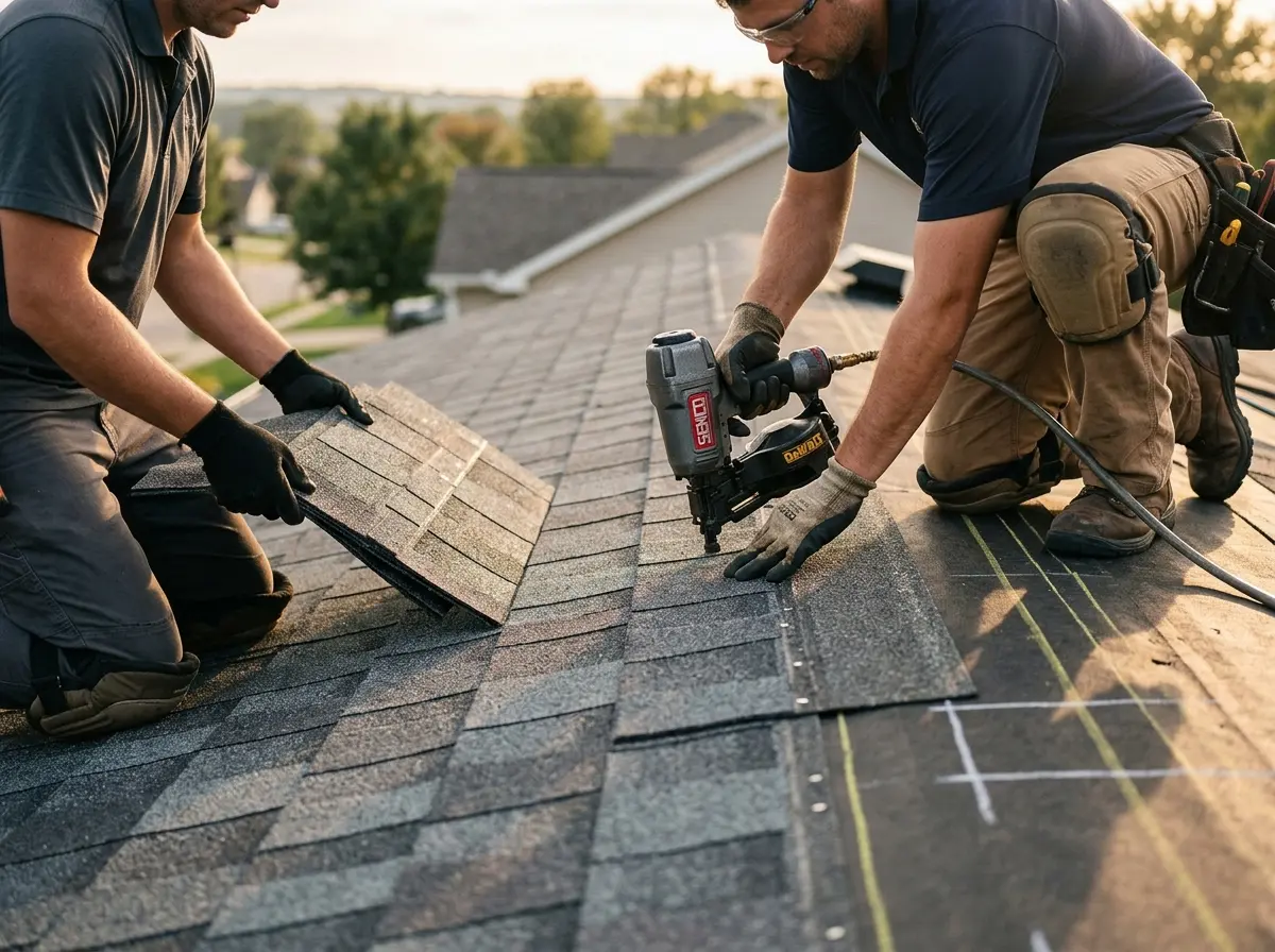Professional roofer working on a residential roof in Bellmawr